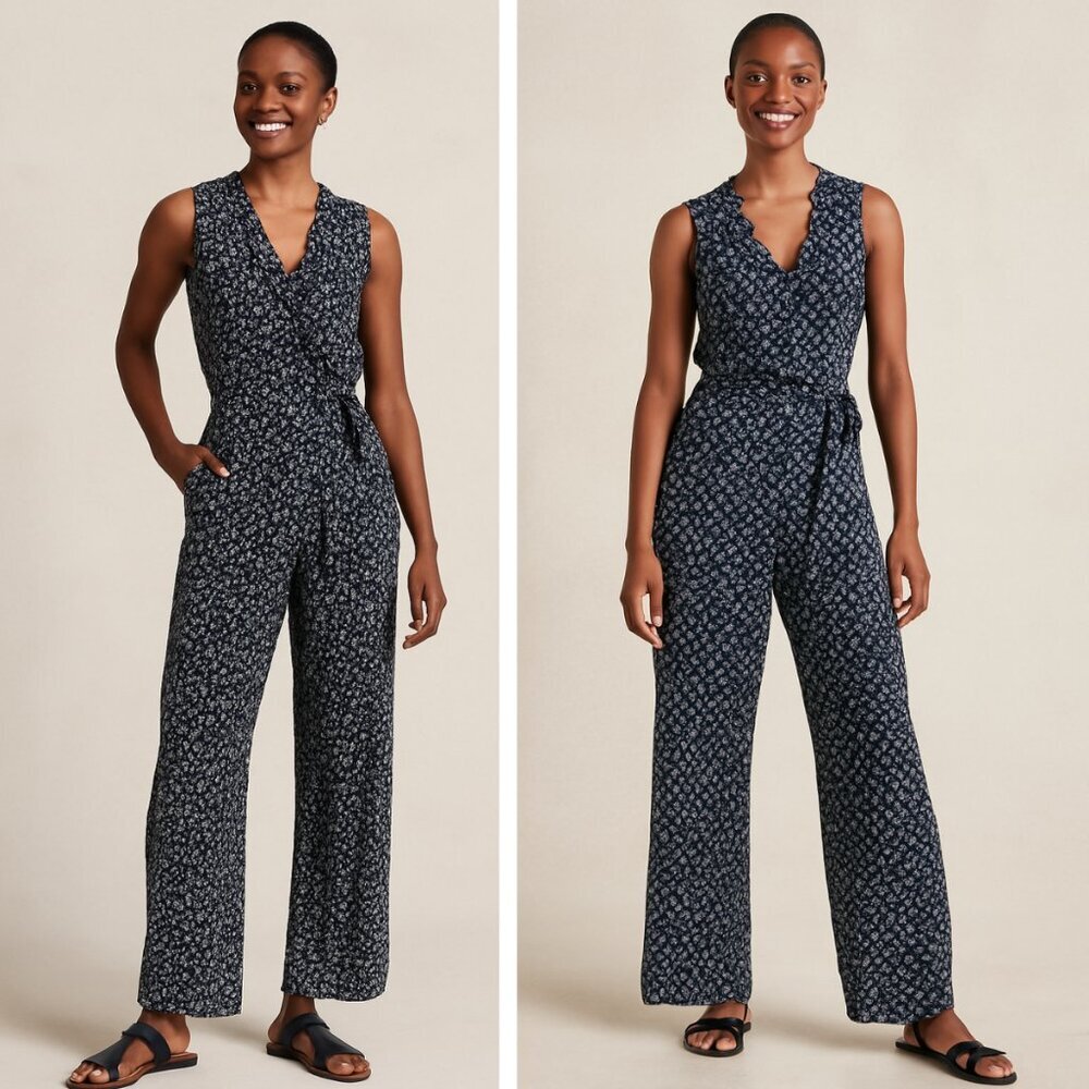 J. Crew Navy Printed Sleeveless Wrap Jumpsuit